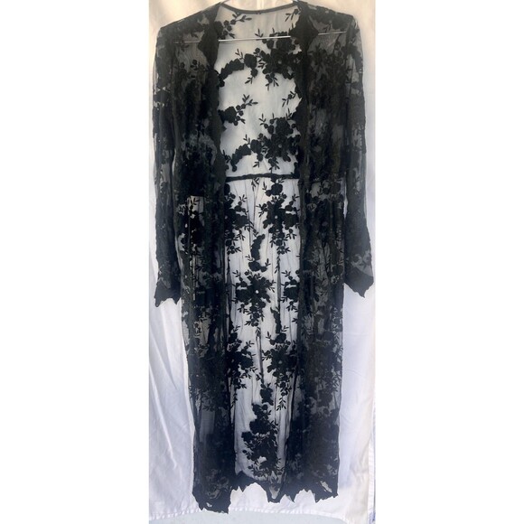 Black Mesh Floral Duster Cardigan Long Sheer Whimsygoth Vamp Fairy Grunge - Picture 1 of 12